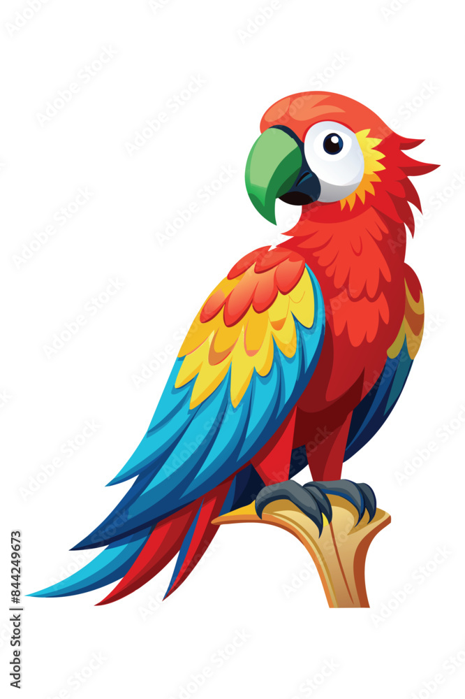red macaw perched parrot with a white background