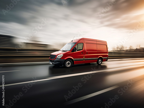 A red van drives down a city street at night.