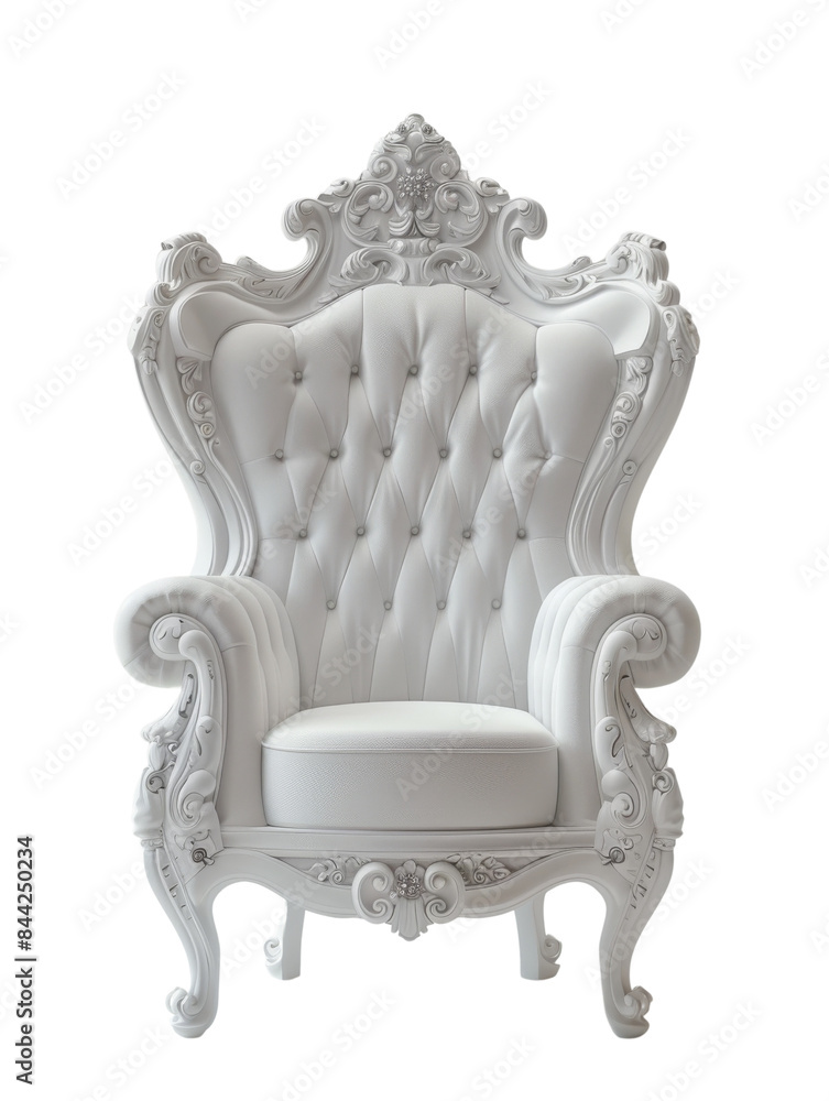 Elegant white throne chair with ornate detailing and tufted upholstery, isolated white background, transparent background. Elegant white throne chair with ornate detailing and tufted upholstery, isolated white background, transparent background.