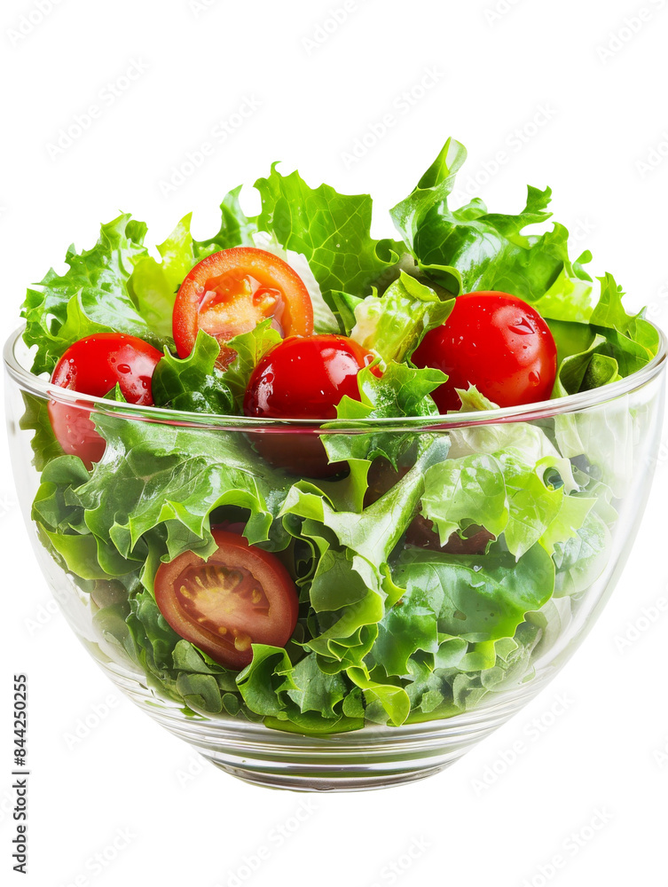 Fresh green salad with lettuce, cherry tomatoes, and leafy greens in a glass bowl, isolated white background, transparent background. Fresh green salad with lettuce, cherry tomatoes, and leafy greens in a glass bowl, isolated white background, transparent background.