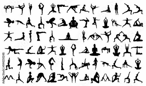 Women silhouettes. Collection of yoga poses. Asana set, young woman doing yoga & fitness exercises different poses Healthy lifestyle. for t-shirt graphics, icons, logo, web, posters, print,
