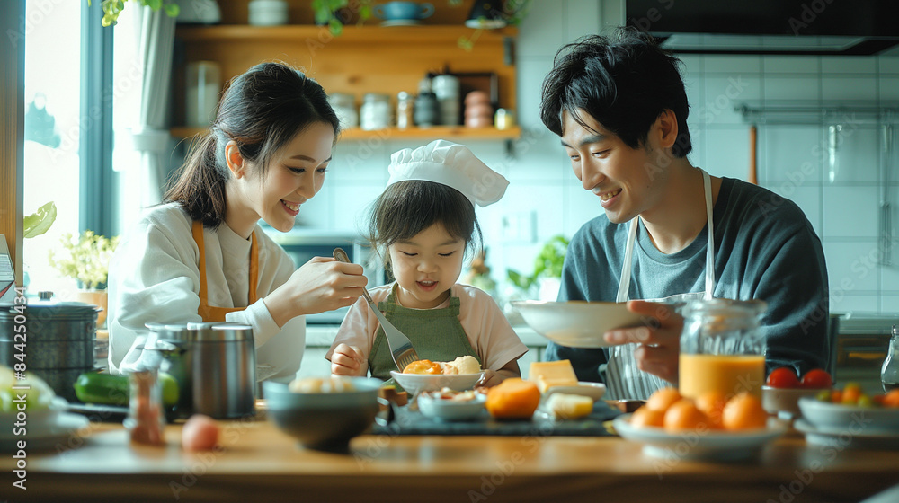Happy family enjoying breakfast together in a kitchen room. Generative ai illustration. Happy family enjoying breakfast together in a kitchen room. Generative ai illustration.