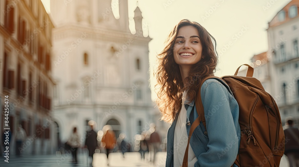 Fototapeta premium Photograph of a solo female traveler exploring a new city, smiling and enjoying the sights.