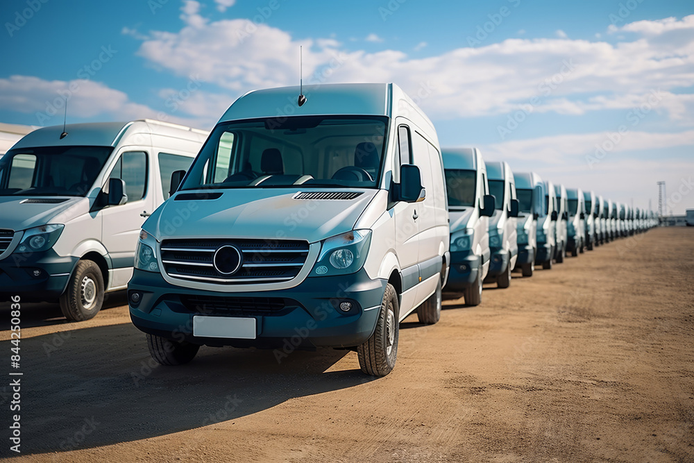 A fleet of vans parked neatly on a city street. A fleet of vans parked neatly on a city street.