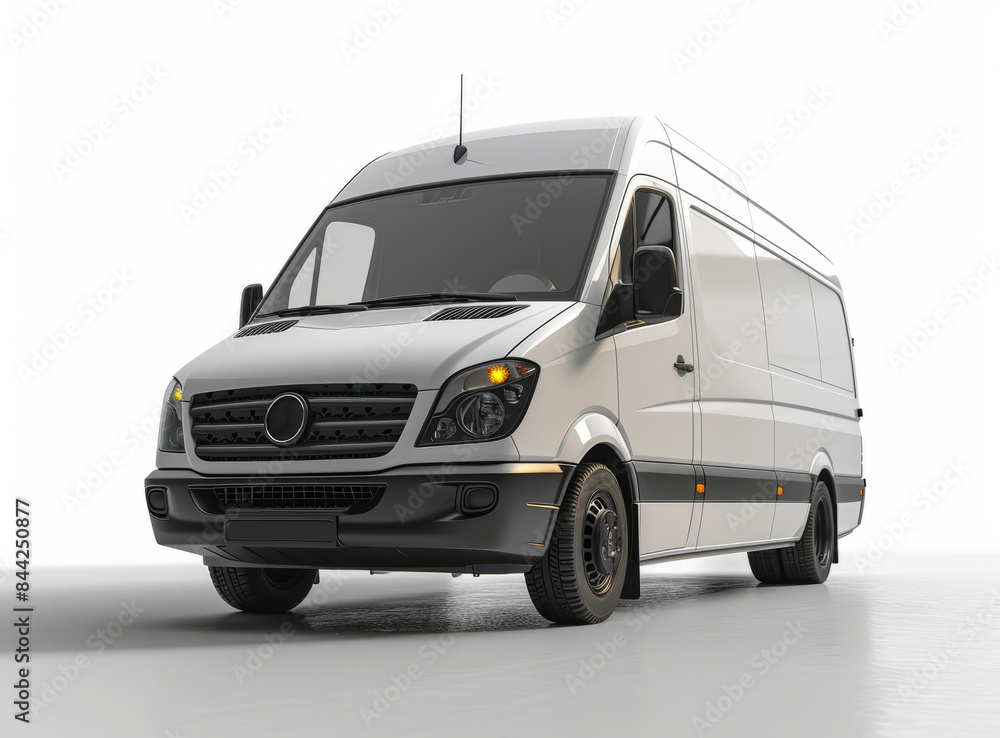 A white delivery van parked in a dimly lit room. A white delivery van parked in a dimly lit room.