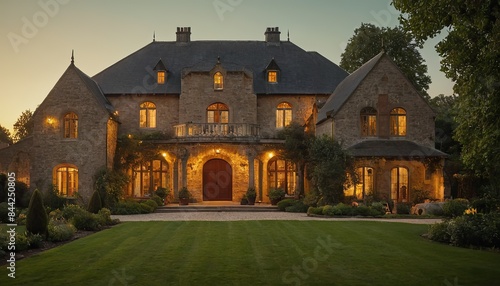 Beautiful modern farmhouse style luxury home exterior at twilight