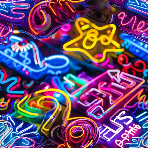 Close-up of bright neon lights in a variety of colors, forming intricate patterns and words, perfect for a modern urban nightlife setting