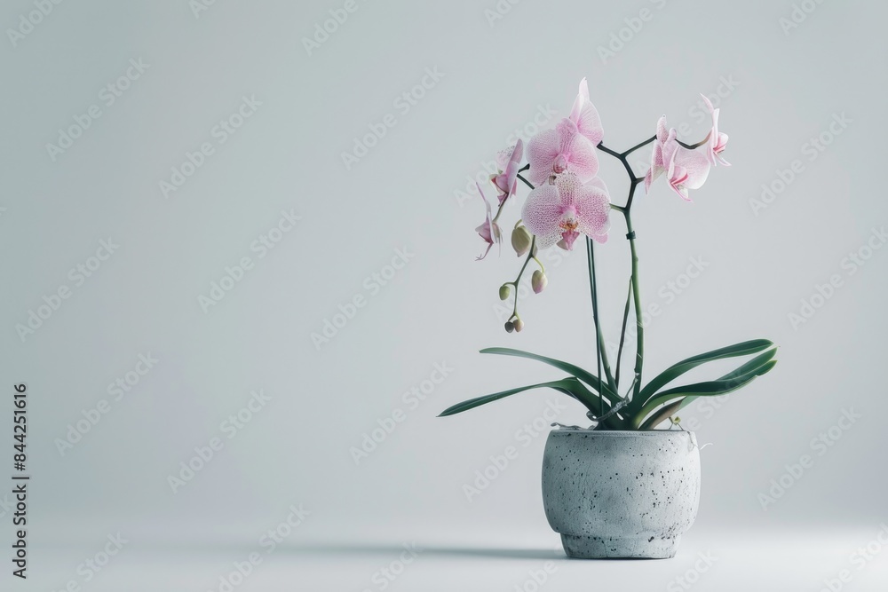 A creatively composed shot of a potted orchid plant in the studio A creatively composed shot of a potted orchid plant in the studio