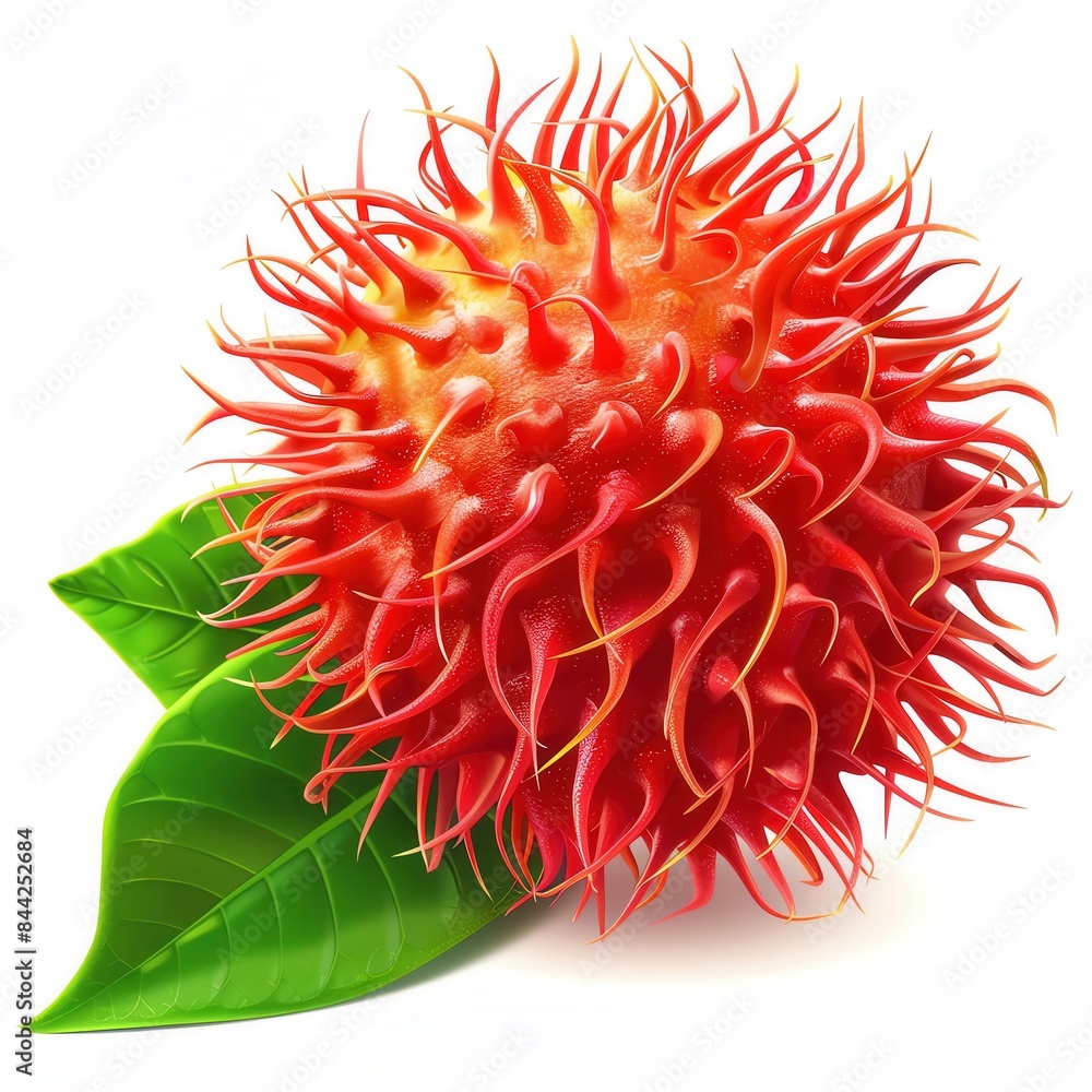 A vibrant rambutan with a green leaf, isolated on a white background A vibrant rambutan with a green leaf, isolated on a white background