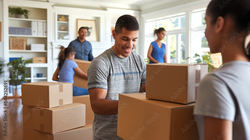 Family in their new home, carrying a boxes, creating a warm and inviting living room together. Generative ai illustration. Family in their new home, carrying a boxes, creating a warm and inviting living room together. Generative ai illustration.