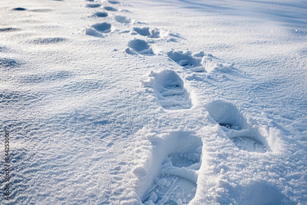 Footprints in Fresh Snow on a Winter Day. Generative AI. Footprints in Fresh Snow on a Winter Day. Generative AI.