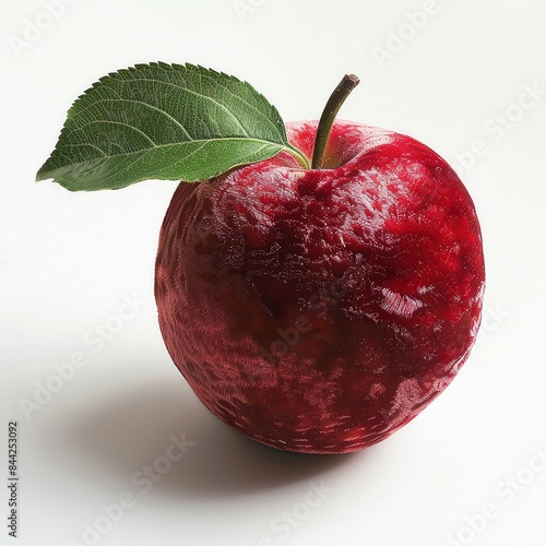A ripe, vibrant velvet apple with a green leaf, isolated on a white background photo