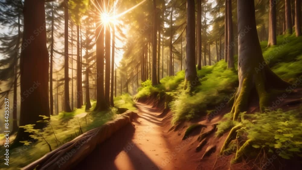 A serene forest path bathed in summer sunlight, surrounded by tall trees with lush green foliage. The sun's rays filter through the canopy, creating dappled light on the forest floor. Peaceful, tranqu