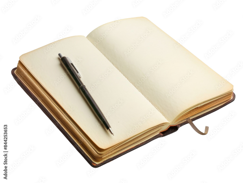 Open journal with blank pages and a black pen placed on it. isolated white background, transparent background. Open journal with blank pages and a black pen placed on it. isolated white background, transparent background.