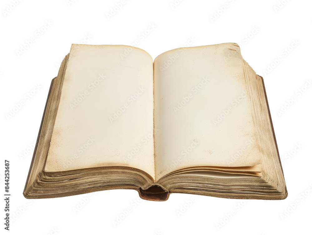 Antique open book with blank yellowed pages, showcasing vintage charm and history, isolated white background, transparent background. Antique open book with blank yellowed pages, showcasing vintage charm and history, isolated white background, transparent background.