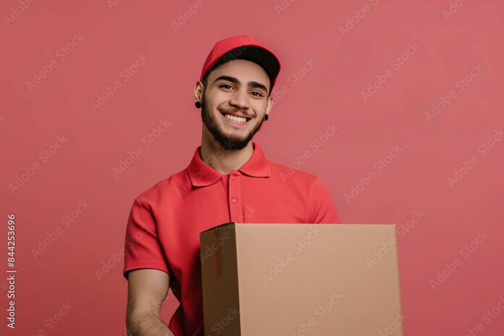 A young delivery man in a crisp delivery uniform stands confidently, holding a cardboard box with a bright smile on his face, exuding passion for his dream career. Against an elegant backdrop A young delivery man in a crisp delivery uniform stands confidently, holding a cardboard box with a bright smile on his face, exuding passion for his dream career. Against an elegant backdrop
