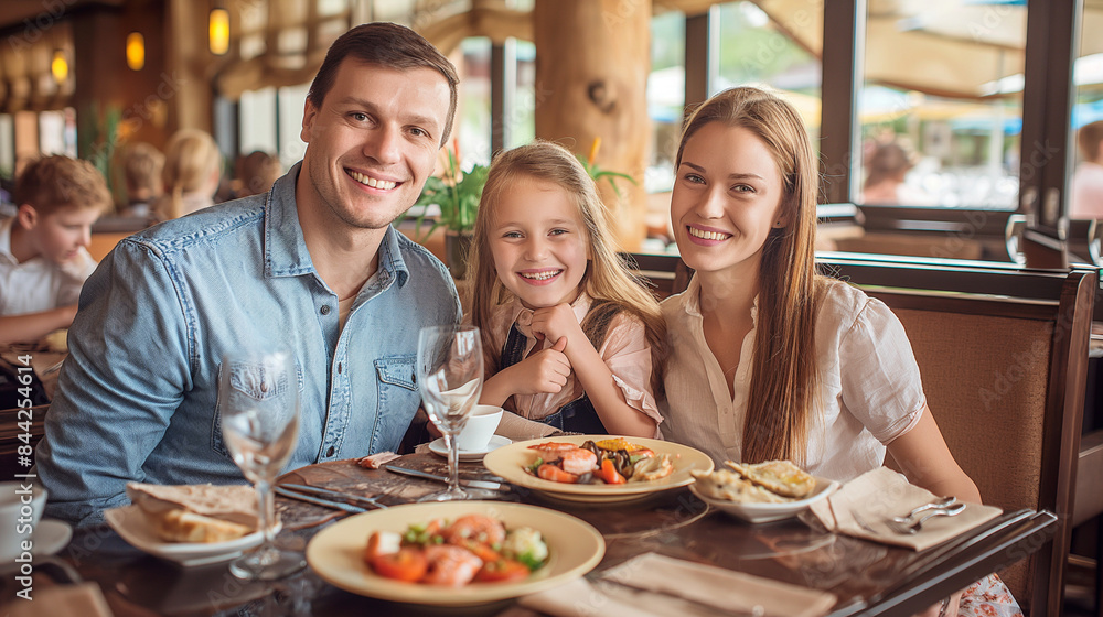 Happy family sitting at the table have lunch in the restaurant. Generative ai illustration. Happy family sitting at the table have lunch in the restaurant. Generative ai illustration.