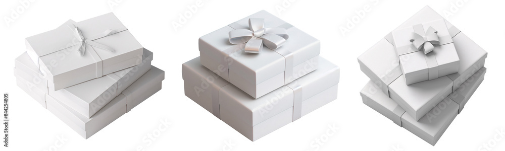 Set of isolated mockup of 3 stack white rectangular gift boxes with ribbon on a transparent background. Plain present box for custom illustration and pattern design. Isometric view. Set of isolated mockup of 3 stack white rectangular gift boxes with ribbon on a transparent background. Plain present box for custom illustration and pattern design. Isometric view.