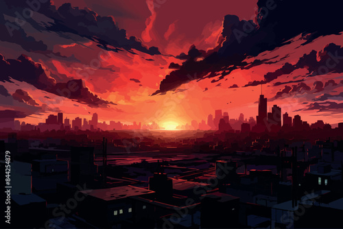 woman standing on the sea looking at the burning city, digital art style, illustration painting