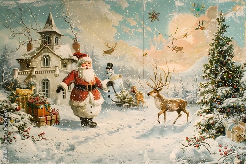 A vintage Christmas card scene with a snowman, a reindeer, and a Santa Claus delivering gifts, capturing the nostalgic charm of the holiday