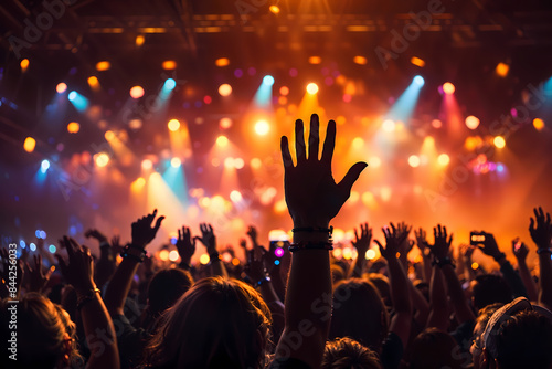 Silhouette of a crowd dancing and cheering at a music festival, party night scene with vibrant colors with orange lighting