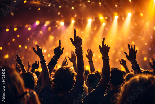 Silhouette of a crowd dancing and cheering at a music festival, party night scene with vibrant colors with yellow lighting
