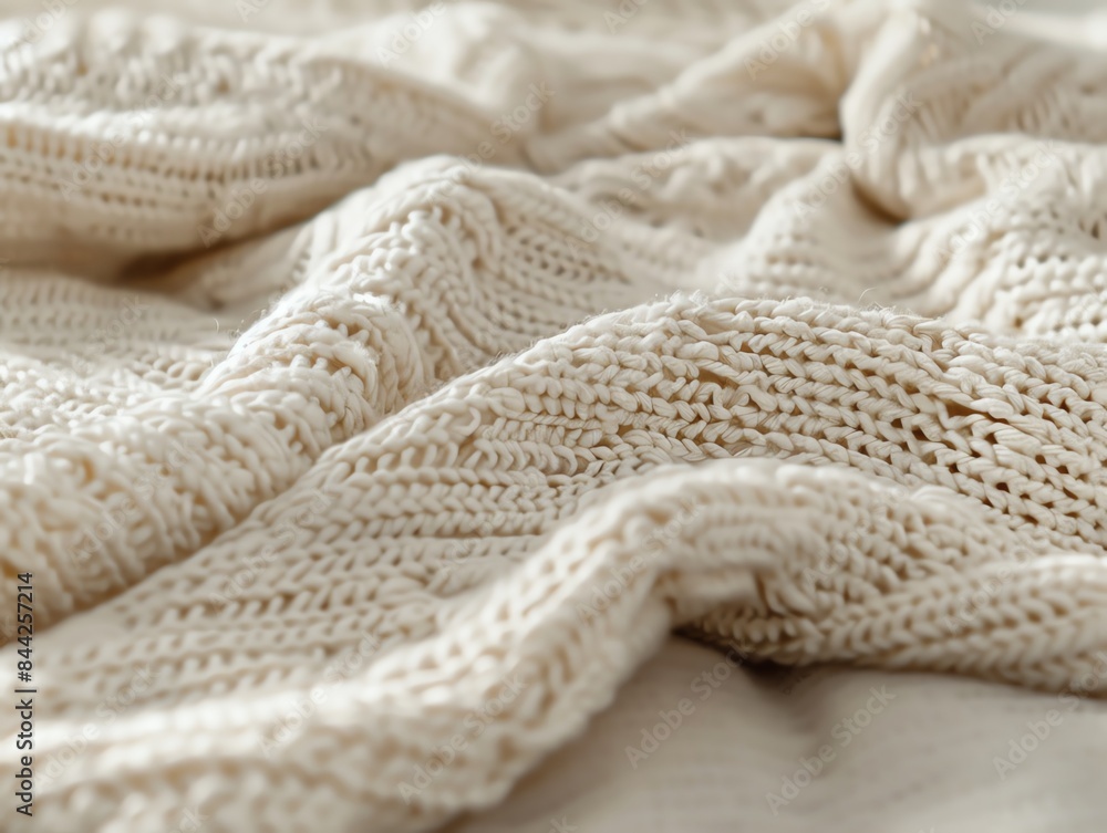 Close-up of a cozy, knitted beige blanket, showcasing its soft texture and intricate patterns, perfect for a warm and comfortable ambiance. Close-up of a cozy, knitted beige blanket, showcasing its soft texture and intricate patterns, perfect for a warm and comfortable ambiance.