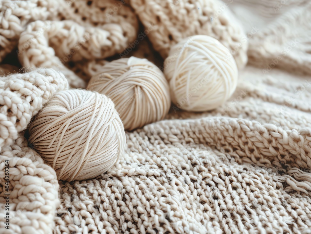 Cozy knitted blanket with balls of yarn in neutral tones, perfect for crafting and home decor inspiration. Cozy knitted blanket with balls of yarn in neutral tones, perfect for crafting and home decor inspiration.
