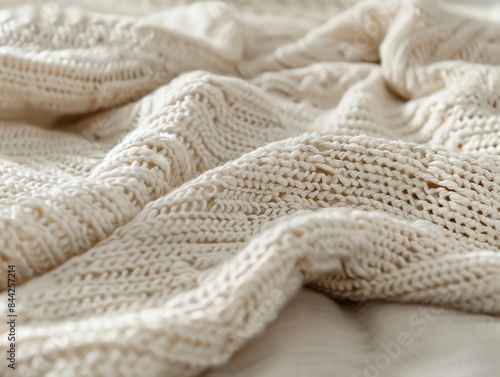 Close-up of a cozy, knitted beige blanket, showcasing its soft texture and intricate patterns, perfect for a warm and comfortable ambiance. © pprothien