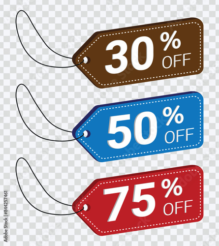 "Set of discount labels: 30%,50%,75% off sale banners and special offer tag stickers. Vector design."