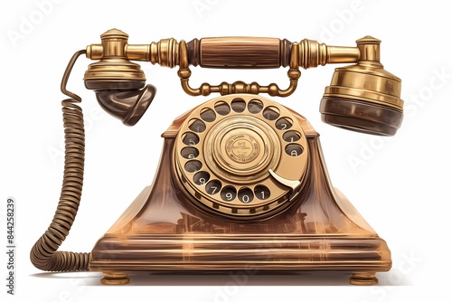 Vintage phone isolated on a white background, a retro telephone with a shiny bronze texture and visible numbers. Ai generated