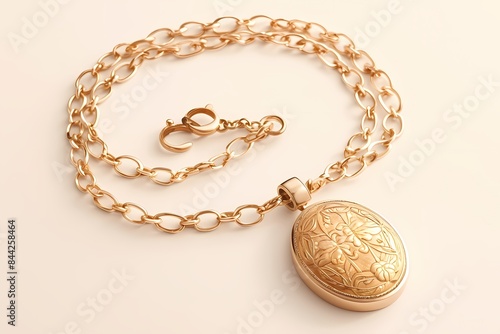 A gold chain with an oval pendant engraved with floral patterns, the locket is open and inside it lies a small photo of someone in love. Ai generated