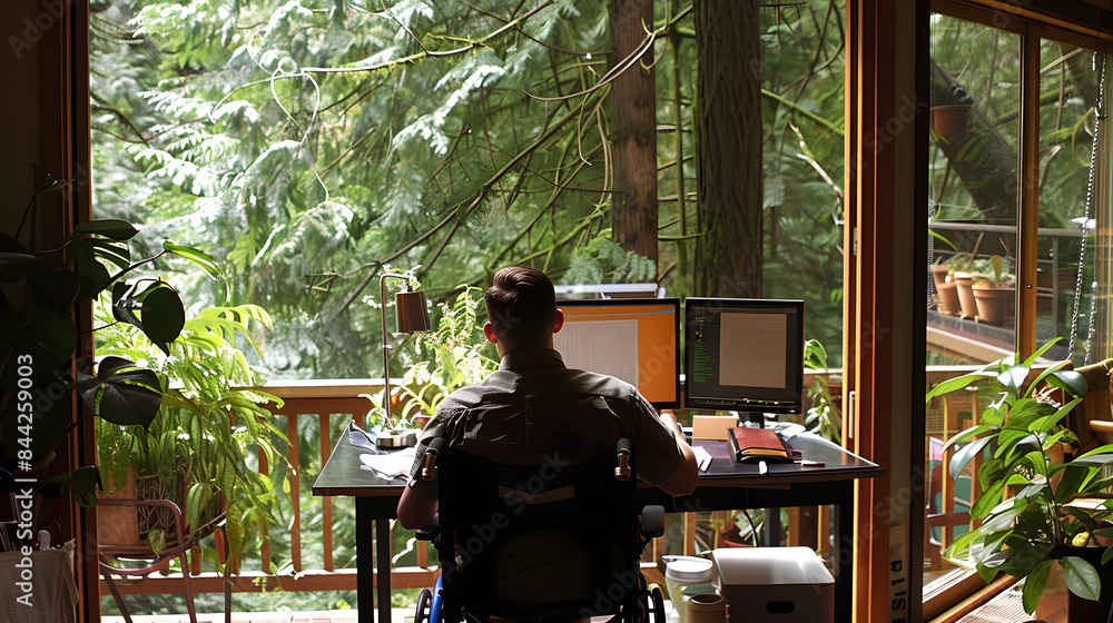 A back view of a man in a wheelchair working at a desk in a home office, surrounded by plants and natural light, depicts accessibility, productivity, diversity, and inclusion in the workplace. A back view of a man in a wheelchair working at a desk in a home office, surrounded by plants and natural light, depicts accessibility, productivity, diversity, and inclusion in the workplace.