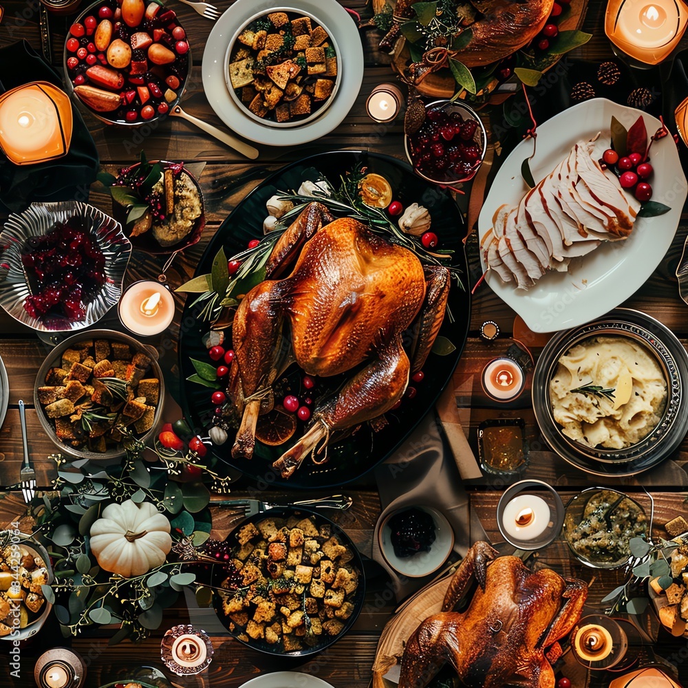Hearty Thanksgiving feast laid out on a large rustic table, featuring a golden-roasted turkey, stuffing, and cranberry sauce, perfect for family gatherings Hearty Thanksgiving feast laid out on a large rustic table, featuring a golden-roasted turkey, stuffing, and cranberry sauce, perfect for family gatherings