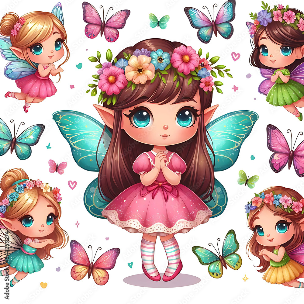 Naklejka premium A little girl. Cute small fairy. Beautiful Elf princess. Set butterflies with colorful wings 