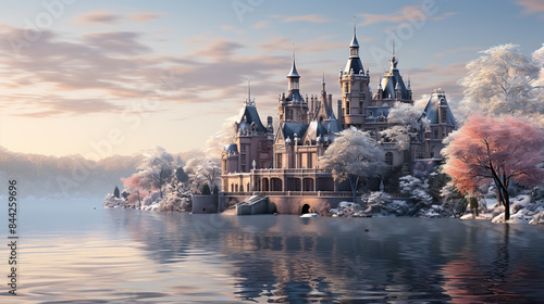 A winter wonderland featuring the Schwerin Castle covered in a blanket of pristine snow. The castle's elegant towers and the surrounding trees are adorned with a delicate layer of frost