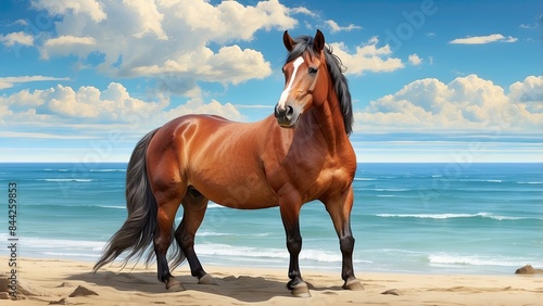 Handsome horse at the beach ocean view. Funny Summer vacation, holidays concept.