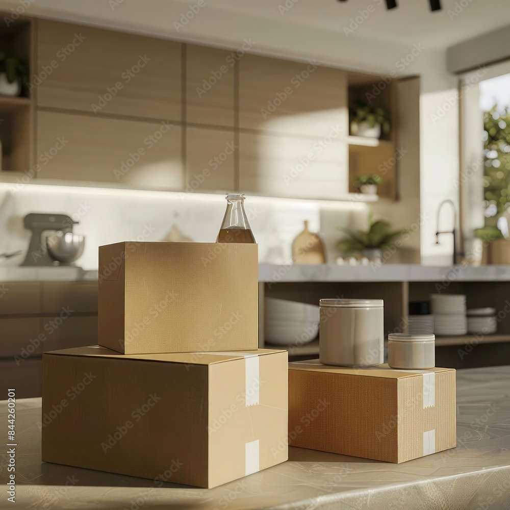 Unpacking boxes in new house close up theme fresh start realistic overlay backdrop modern kitchen Unpacking boxes in new house close up theme fresh start realistic overlay backdrop modern kitchen