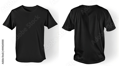 Front and back view of a blank black t-shirt on a white background suitable for branding mockups. 