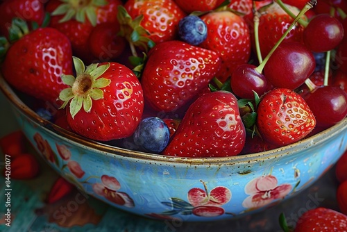 A detailed view of a bowl filled with fresh red fruit  showcasing their vibrant colors and texture