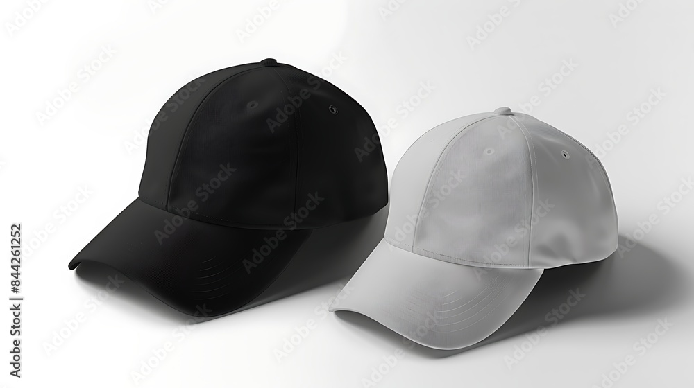 Two baseball caps, one black and one mockup white, presented on a plain background for versatile use in design and marketing. Two baseball caps, one black and one mockup white, presented on a plain background for versatile use in design and marketing.