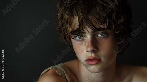 A close-up portrait of a young person with intense eyes and curly hair on a dark background. 