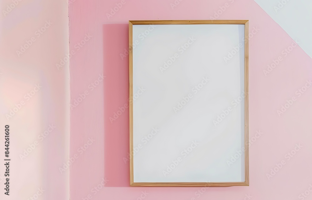 A blank white canvas with a wooden frame mounted on a pink wall, ideal for mockup designs. A blank white canvas with a wooden frame mounted on a pink wall, ideal for mockup designs.
