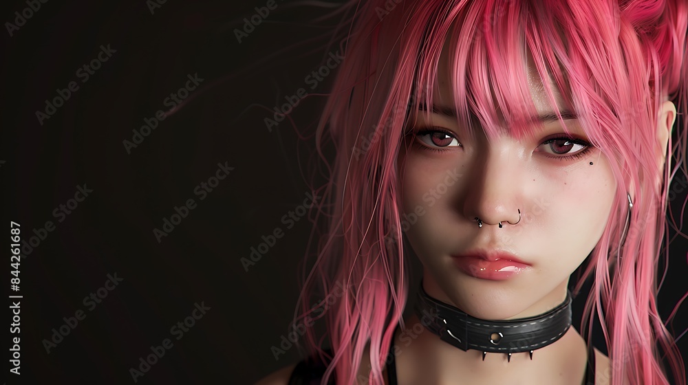 Fototapeta premium Portrait of a young woman with pink hair and a piercing looking at the camera against a dark background. 
