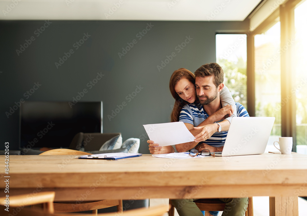 Documents, laptop and tax with couple in home together for bank investment or savings. Budget, computer for finance or wealth management with man and woman in apartment for accounting or planning Documents, laptop and tax with couple in home together for bank investment or savings. Budget, computer for finance or wealth management with man and woman in apartment for accounting or planning