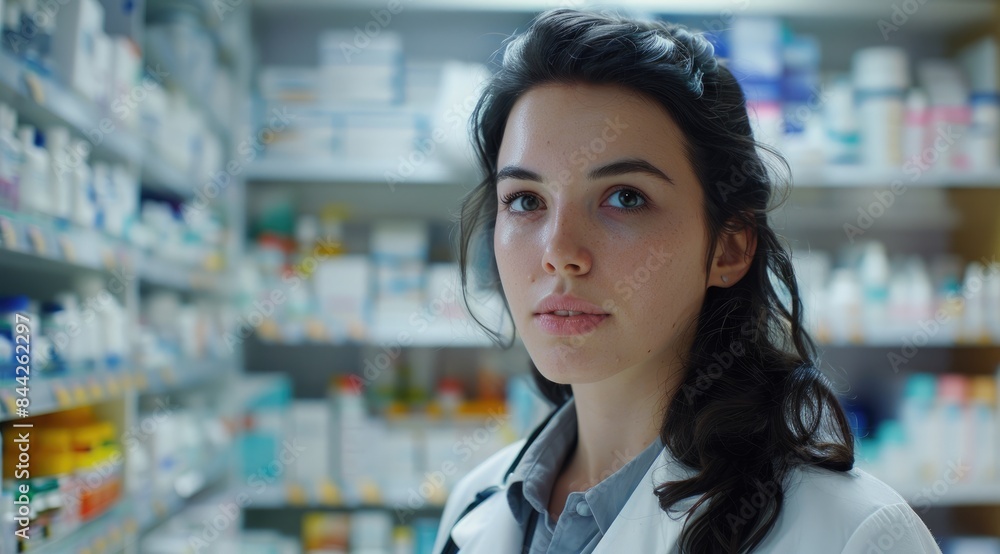 A professional female pharmacist with a thoughtful expression stands among shelves lined with various medications A professional female pharmacist with a thoughtful expression stands among shelves lined with various medications