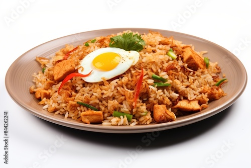 Delicious Nasi Goreng dish served on a plate, showcasing Indonesian culinary delight Image created with Generative AI technology.