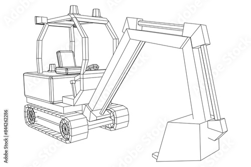 Heavy equipment excavator machine manufacturing power equipment for open pit mining. Wireframe low poly mesh vector illustration