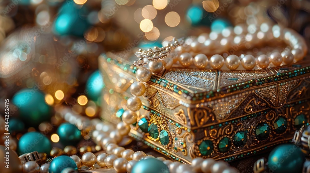 Decorated wedding gift box adorned with beads on the table Decorated wedding gift box adorned with beads on the table