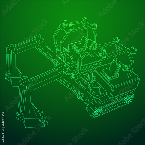 Heavy equipment excavator machine manufacturing power equipment for open pit mining. Wireframe low poly mesh vector illustration